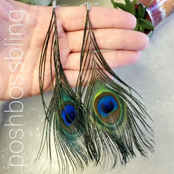 Peacock Feather Dangle Earrings - Picture 3 of 4